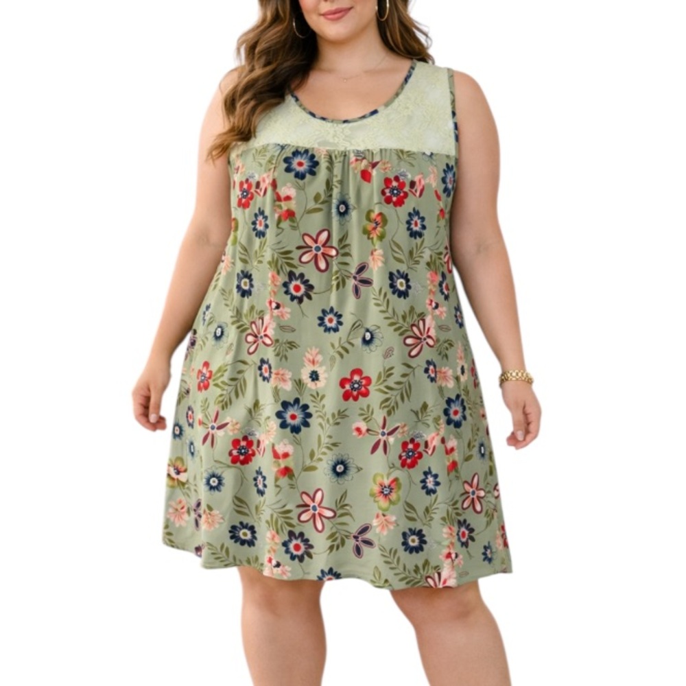 Plus Size sage green floral lace neckline sleeveless shift dress size 5XL